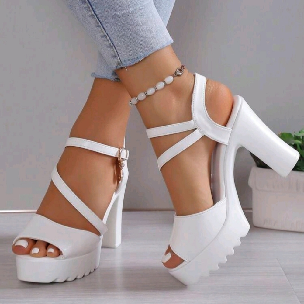 Elegant White Sandals with Rhinestone Decor Platform Chunky Heeled Ankle Strap